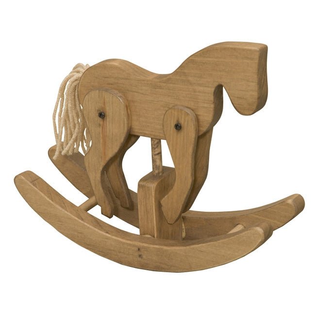 Wooden clackity horse toy with a light maple body, brown yarn tail and dark walnut curved rockers