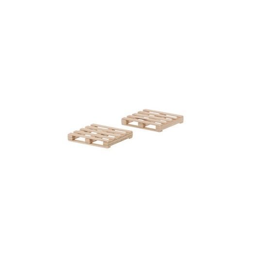 Two miniature slatted wooden toy pallets sized for loading blocks and crates in wooden truck play