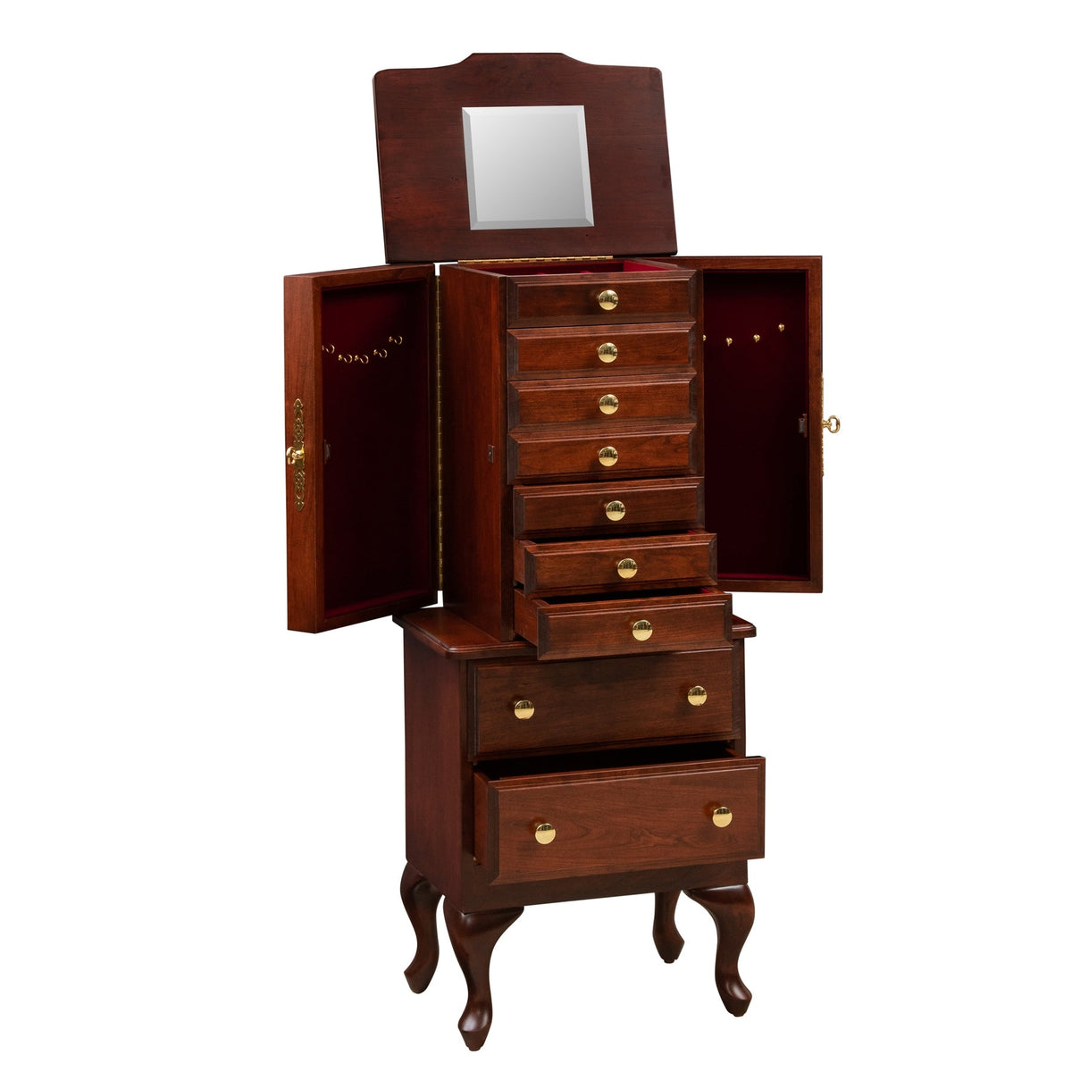 Cherry Queen Anne jewelry armoire shown open with mirrored lid, red velvet doors and drawers pulled out
