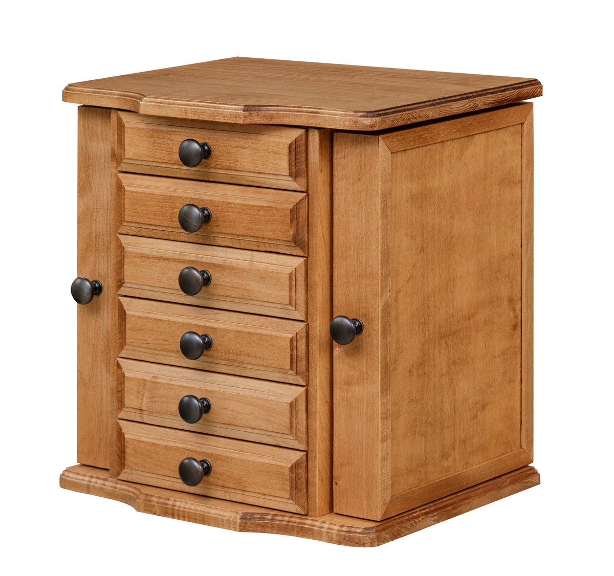 Five drawer tabletop jewelry chest in a light honey pine finish with swing out side doors and black knobs