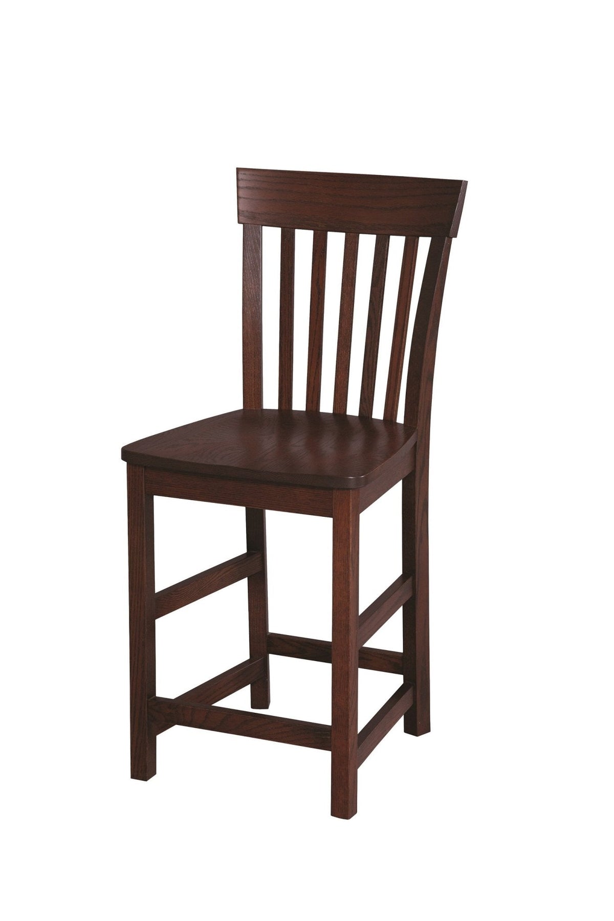 Counter stool in a dark walnut oak finish with a curved crest rail, four back slats and solid seat with footrails