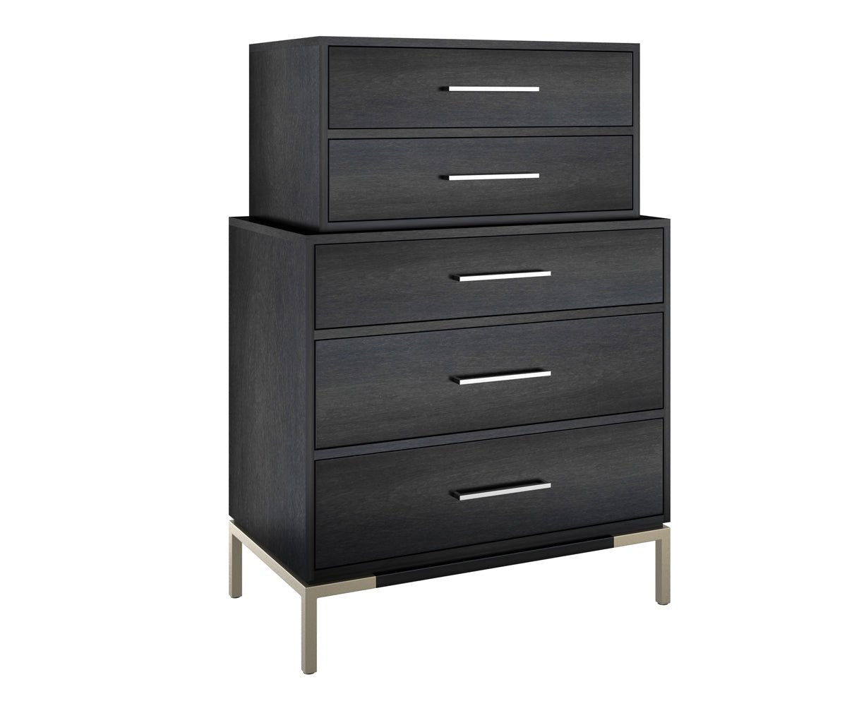 Black oak tall chest with a stepped two-drawer top over three deep drawers, chrome pulls and metal base