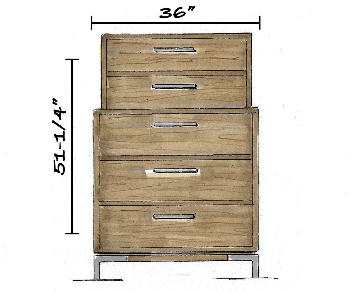 Sketch of the five-drawer chest marked 36 inches wide and 51 1/4 inches high with a stepped top and metal base