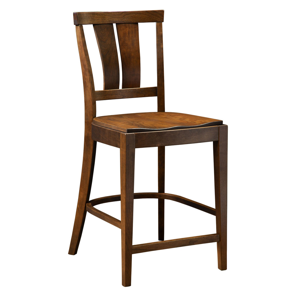 Modern bar stool in walnut toned wood with a two panel splat back, contoured seat and curved foot stretchers