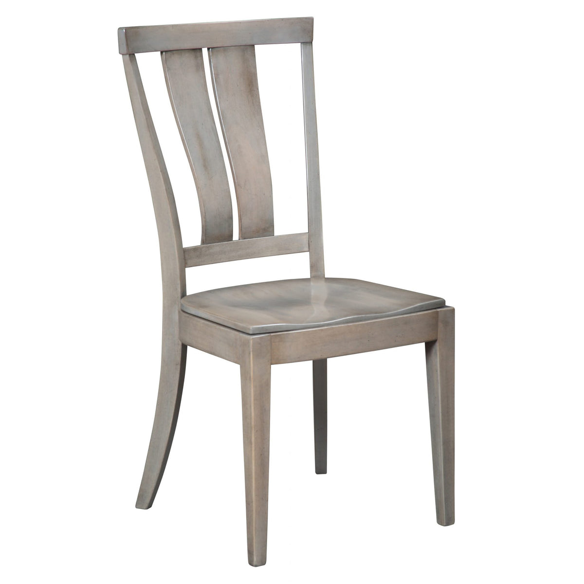 Weathered gray dining side chair with a curved double splat back, solid saddle seat and flared tapered legs