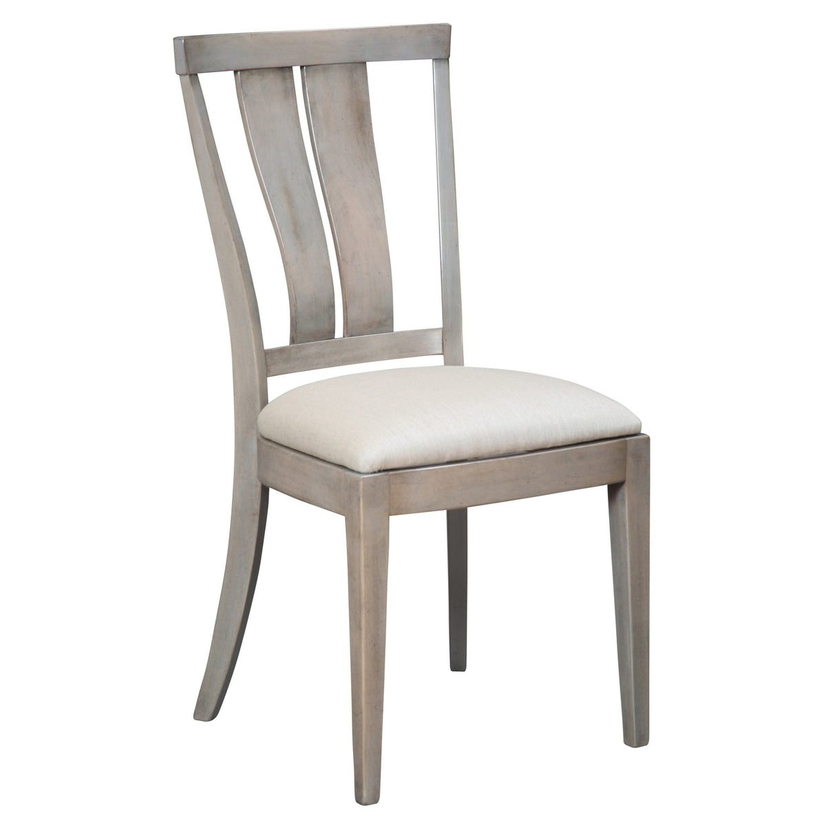 Gray finished dining chair with a shaped splat back and a cream fabric upholstered seat on a white background