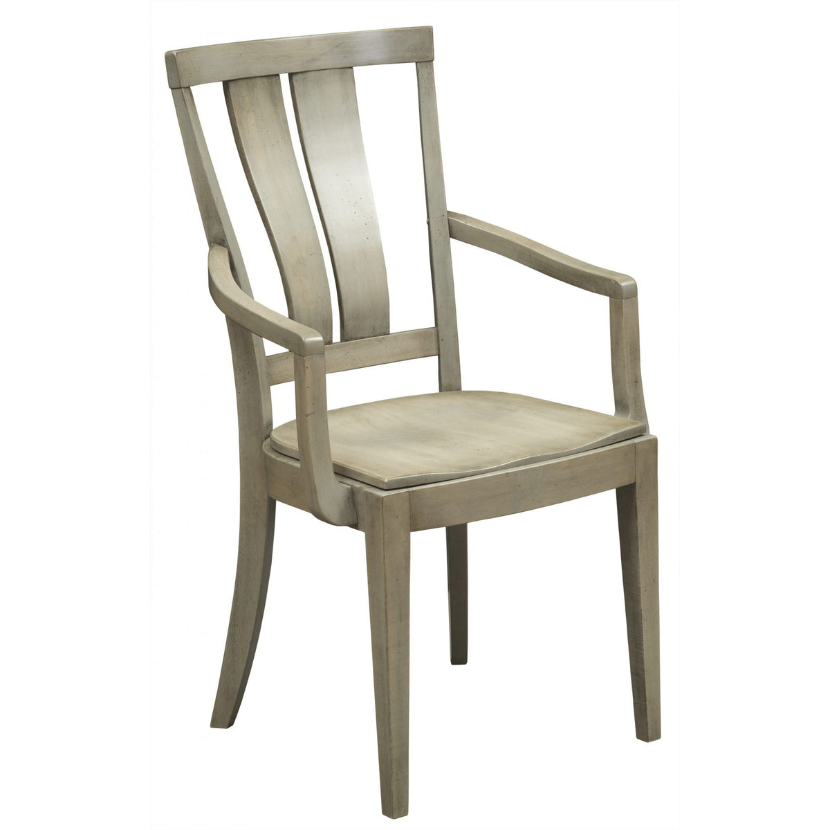 Gray dining arm chair with a curved double splat back, sloped arms, contoured wood seat and tapered legs