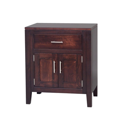 Dark espresso modern nightstand with one drawer and two paneled doors, brushed nickel bar pulls and tapered legs