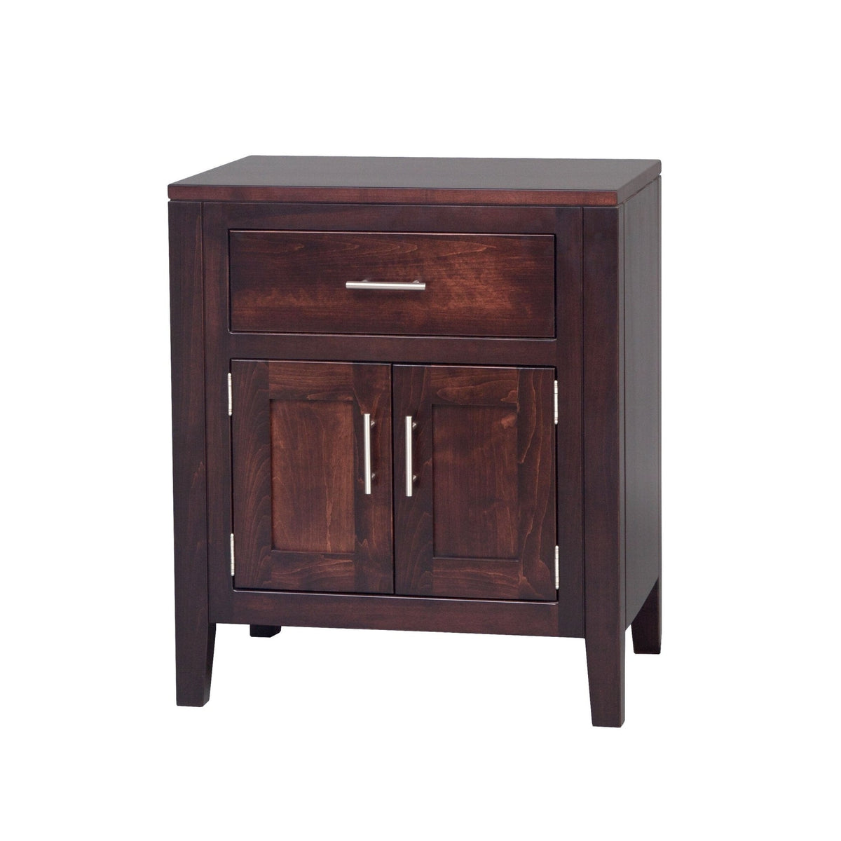 Dark espresso modern nightstand with one drawer and two paneled doors, brushed nickel bar pulls and tapered legs
