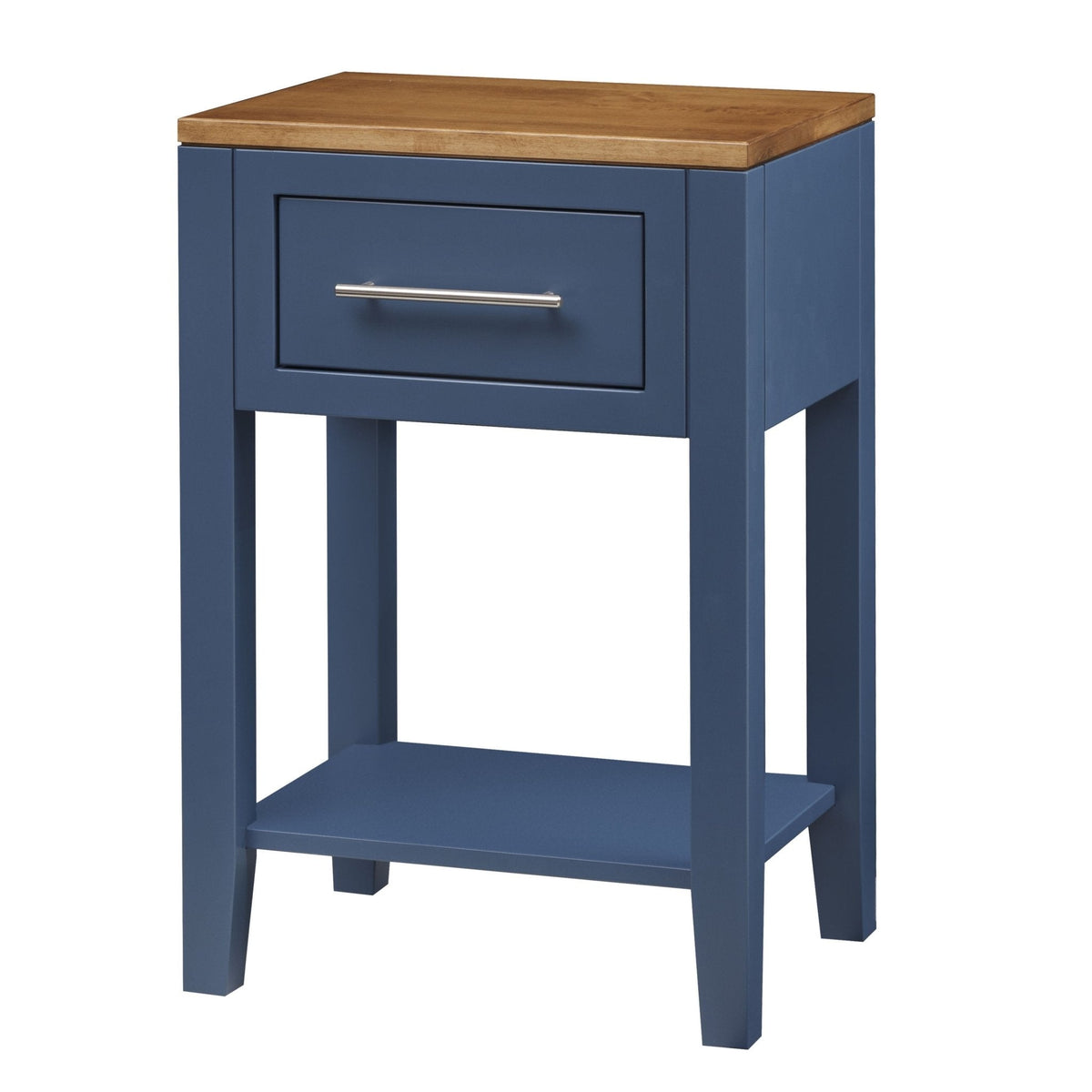 Navy blue painted nightstand with a natural oak top, single drawer with a nickel bar pull and lower open shelf