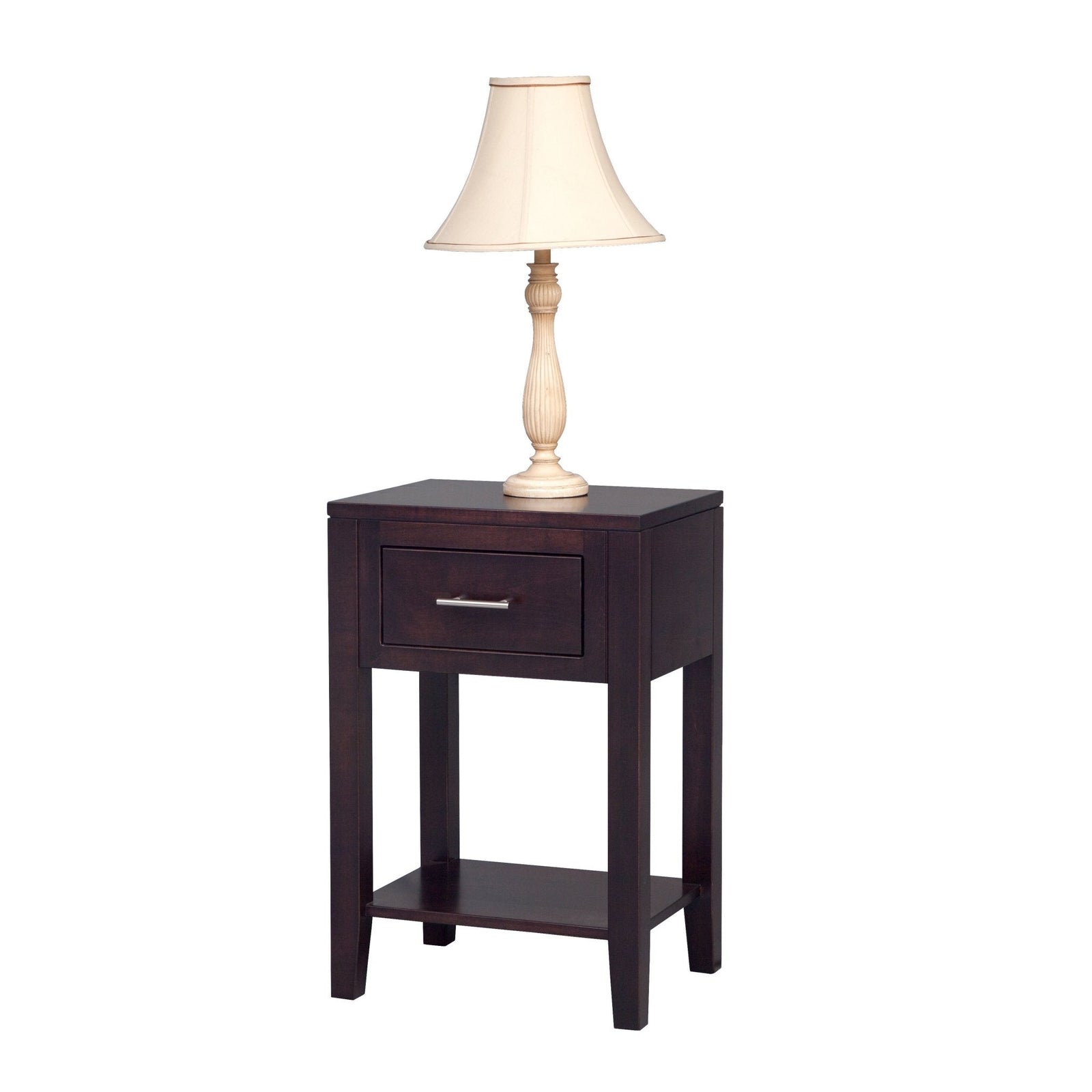 Navy blue painted nightstand with a natural oak top, single drawer with a nickel bar pull and lower open shelf