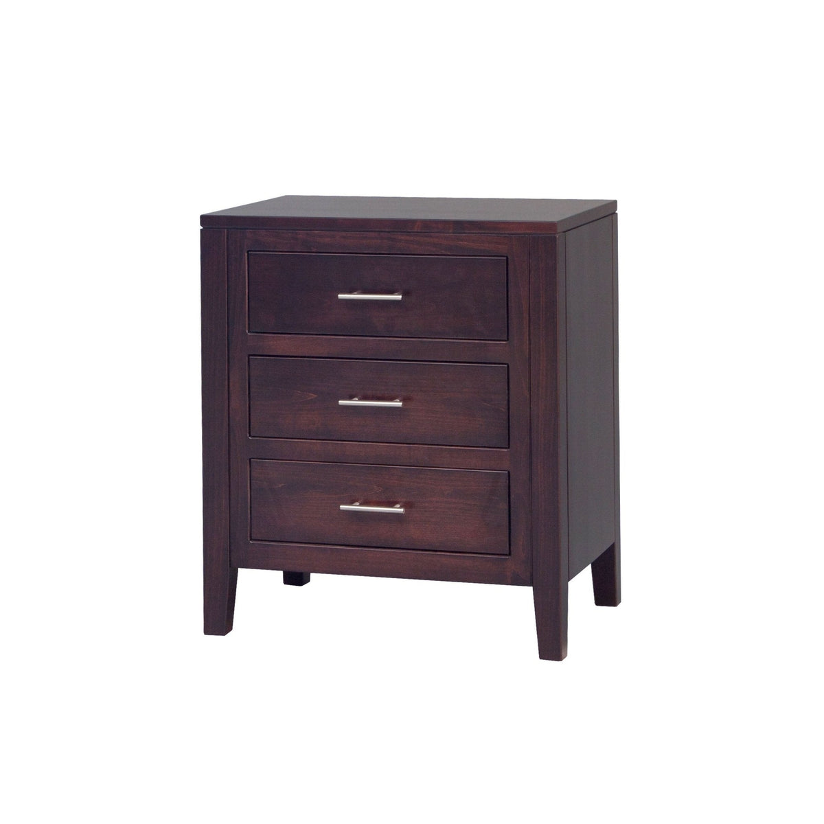 Dark cherry three drawer nightstand with slim nickel bar pulls, square edges and tapered legs on a white background