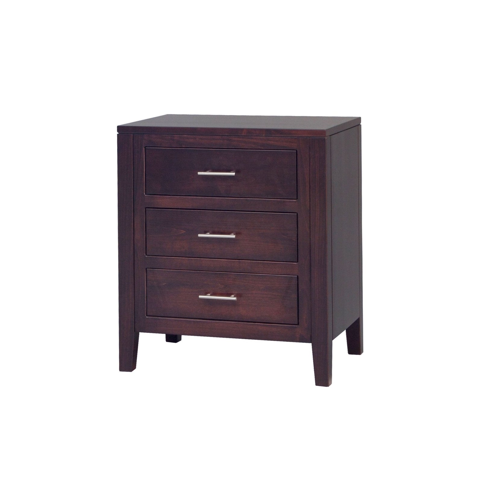Weathered gray three drawer nightstand with black bar pulls beside a matching sleigh bed and teal lamp in a sunny bedroom