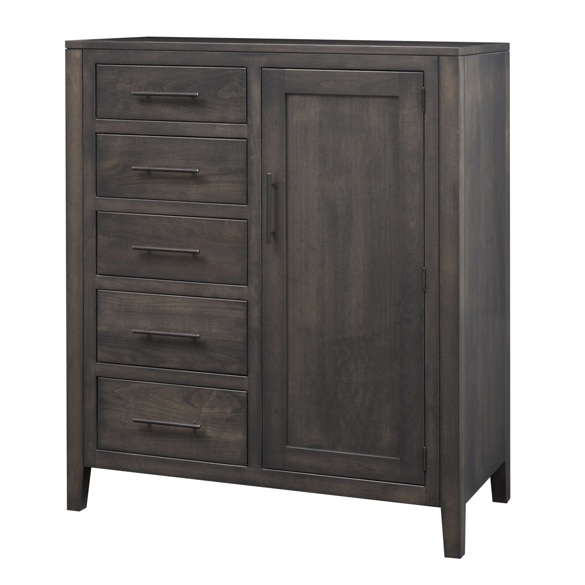 Gray finished bedroom chest with five stacked drawers beside a tall paneled door, bronze bar pulls and tapered legs