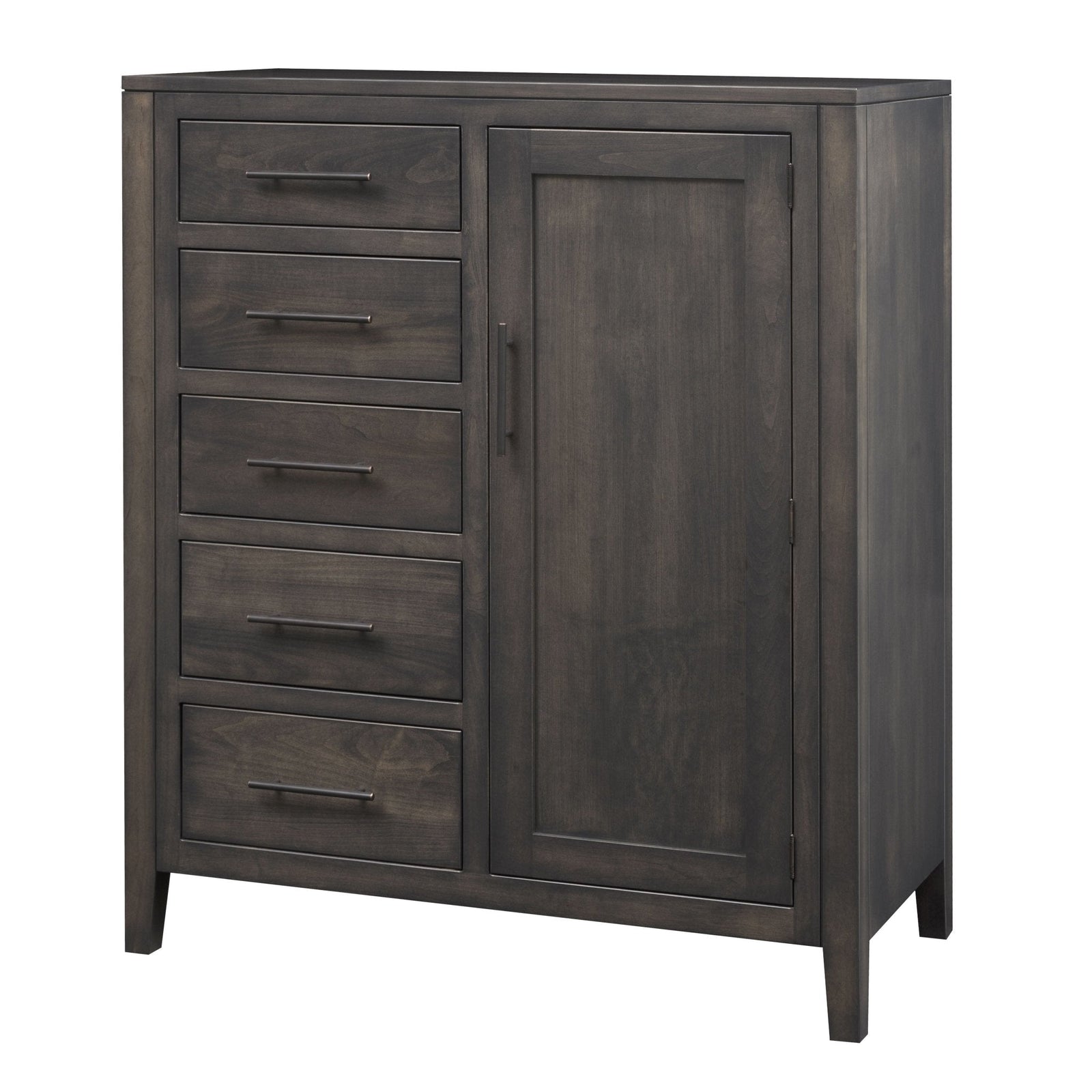 Gray finished bedroom chest with five stacked drawers beside a tall paneled door, bronze bar pulls and tapered legs