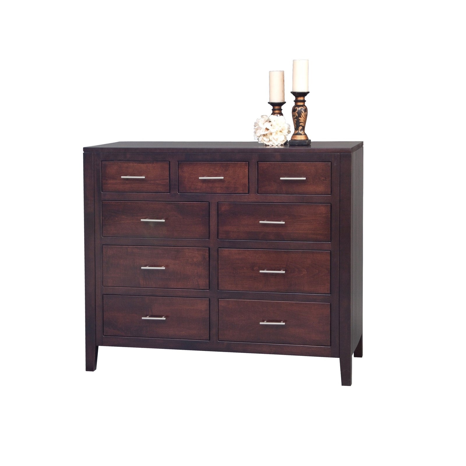 Two-tone dresser with a gray painted case, dark stained top and eight drawers with black bar pulls, shown at an angle