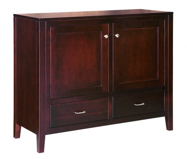 Solid maple sideboard cabinet in a deep espresso brown finish with two flat-panel doors, two lower drawers and slender tapered legs