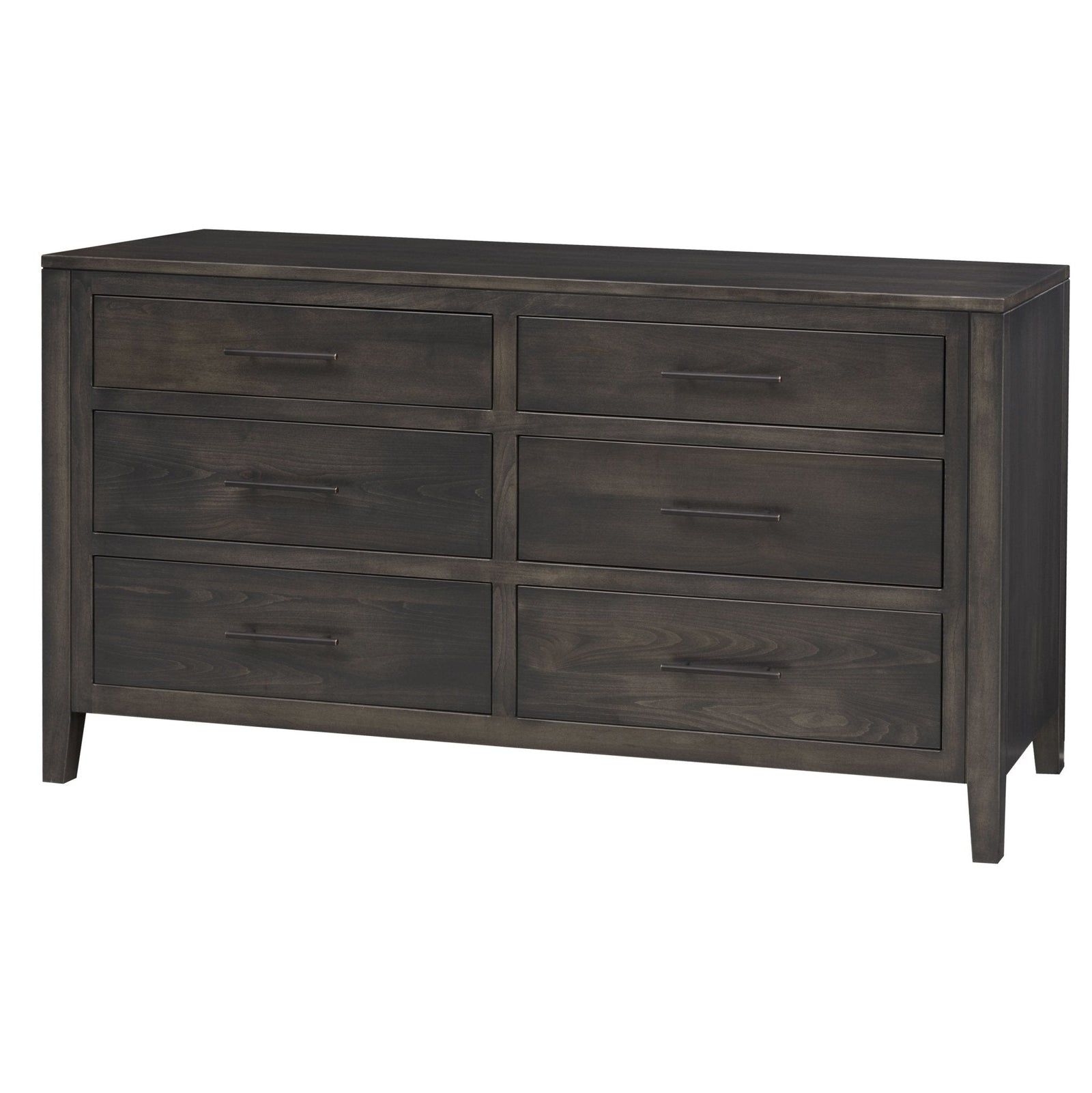 Weathered gray six drawer dresser styled with blue glass vases beside a sleigh bed under a sunburst mirror