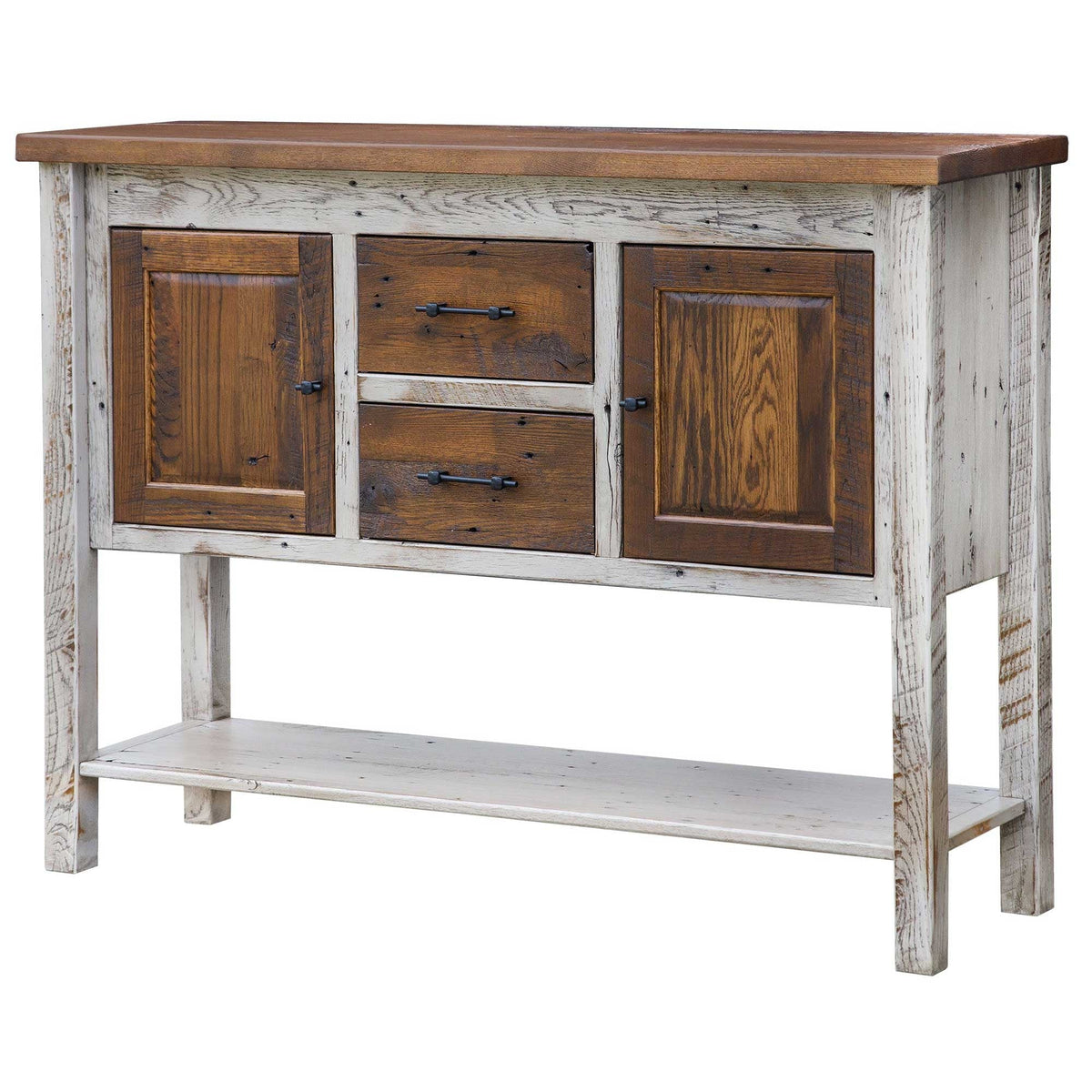 Reclaimed wood sideboard with two dark paneled doors, two drawers, a whitewashed frame and open bottom shelf