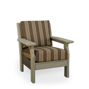 Weatherwood poly deep seating patio chair with brown and tan striped cushions and wide flat paddle arms