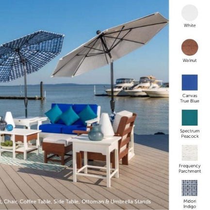 Patio set styled on a dock beside a color legend listing White, Walnut, Canvas True Blue, Spectrum Peacock and Midori Indigo