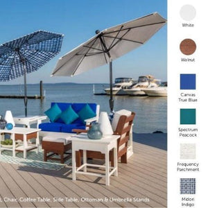Patio set styled on a dock beside a color legend listing White, Walnut, Canvas True Blue, Spectrum Peacock and Midori Indigo