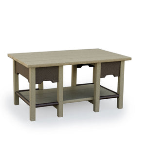 Weatherwood and brown poly outdoor coffee table with plank top, storage shelf and metal stretchers on white