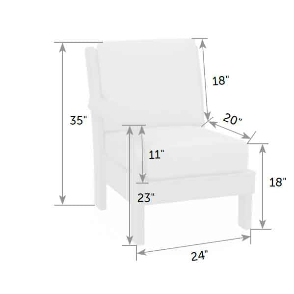 Dimension diagram of the single arm chair section: 24 inches wide, 35 inches tall, 23 inch arm height, 18 inch seat height