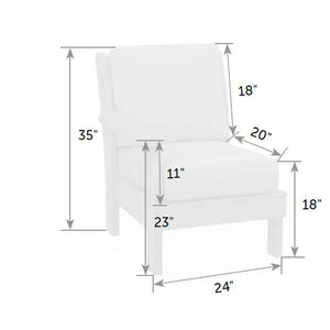 Dimension diagram of the single arm chair section: 24 inches wide, 35 inches tall, 23 inch arm height, 18 inch seat height