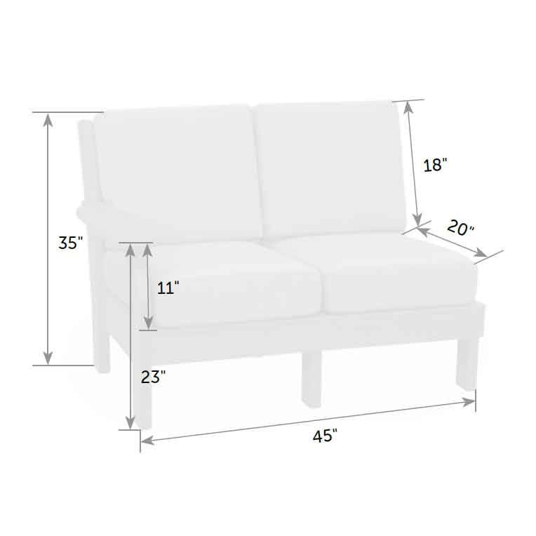 Dimension diagram of the one arm loveseat: 45 inches wide, 20 inch depth, 35 inch back height and 23 inch arm height