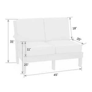 Dimension diagram of the one arm loveseat: 45 inches wide, 20 inch depth, 35 inch back height and 23 inch arm height