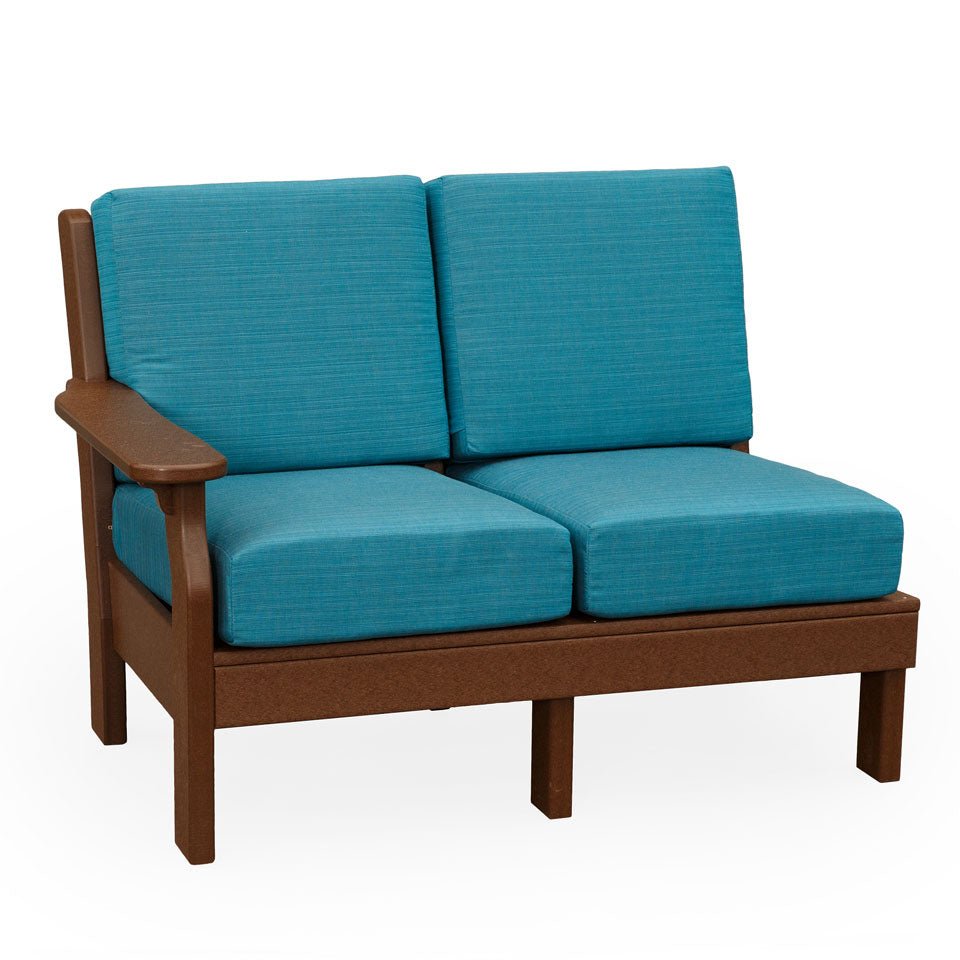 Mahogany poly left arm loveseat section with two teal blue deep seating cushions and a wide flat armrest