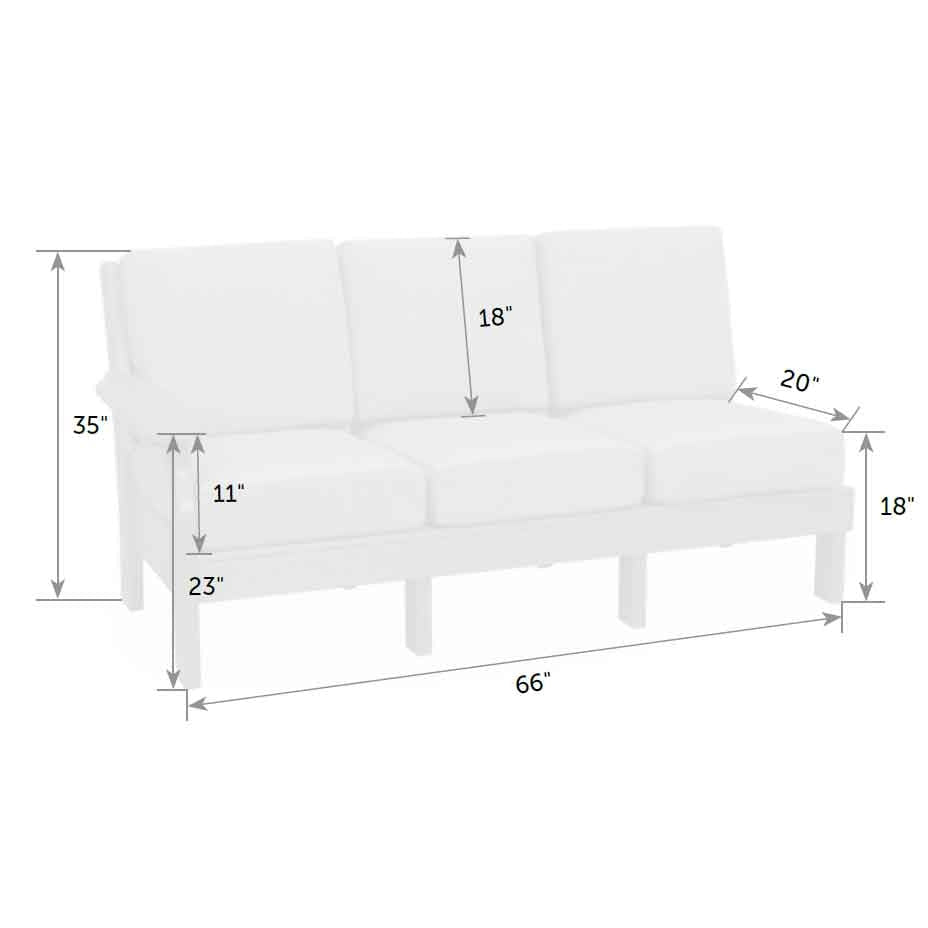 Dimension diagram of the one arm sofa section: 66 inches wide, 35 inches tall, 20 inch seat depth and 23 inch arm height