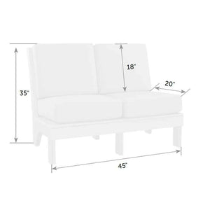 Dimension diagram of the armless loveseat section: 45 inches wide, 20 inch seat depth, 35 inches tall, 18 inch seat height