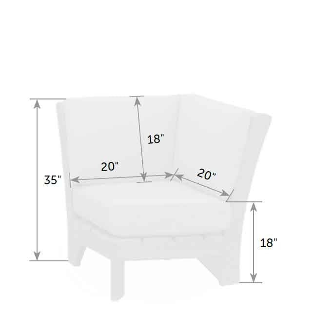 Dimension diagram of the corner sectional piece: 20 by 20 inch seat, 35 inch overall height and 18 inch seat height