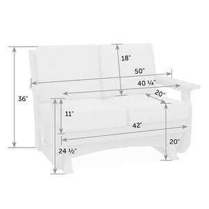 Dimension diagram of the double glider: 50 inches wide, 36 inch height, 42 inch seat width and 20 inch seat height