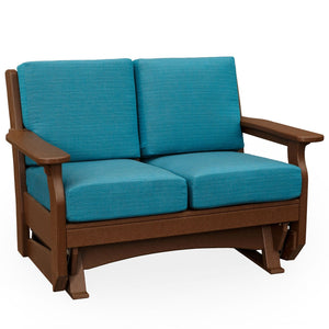 Mahogany poly cushioned double glider with teal blue seat and back cushions and flat wide arms on white