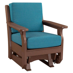Mahogany poly single glider chair with teal deep seating cushions, curved arms and a gliding base on white