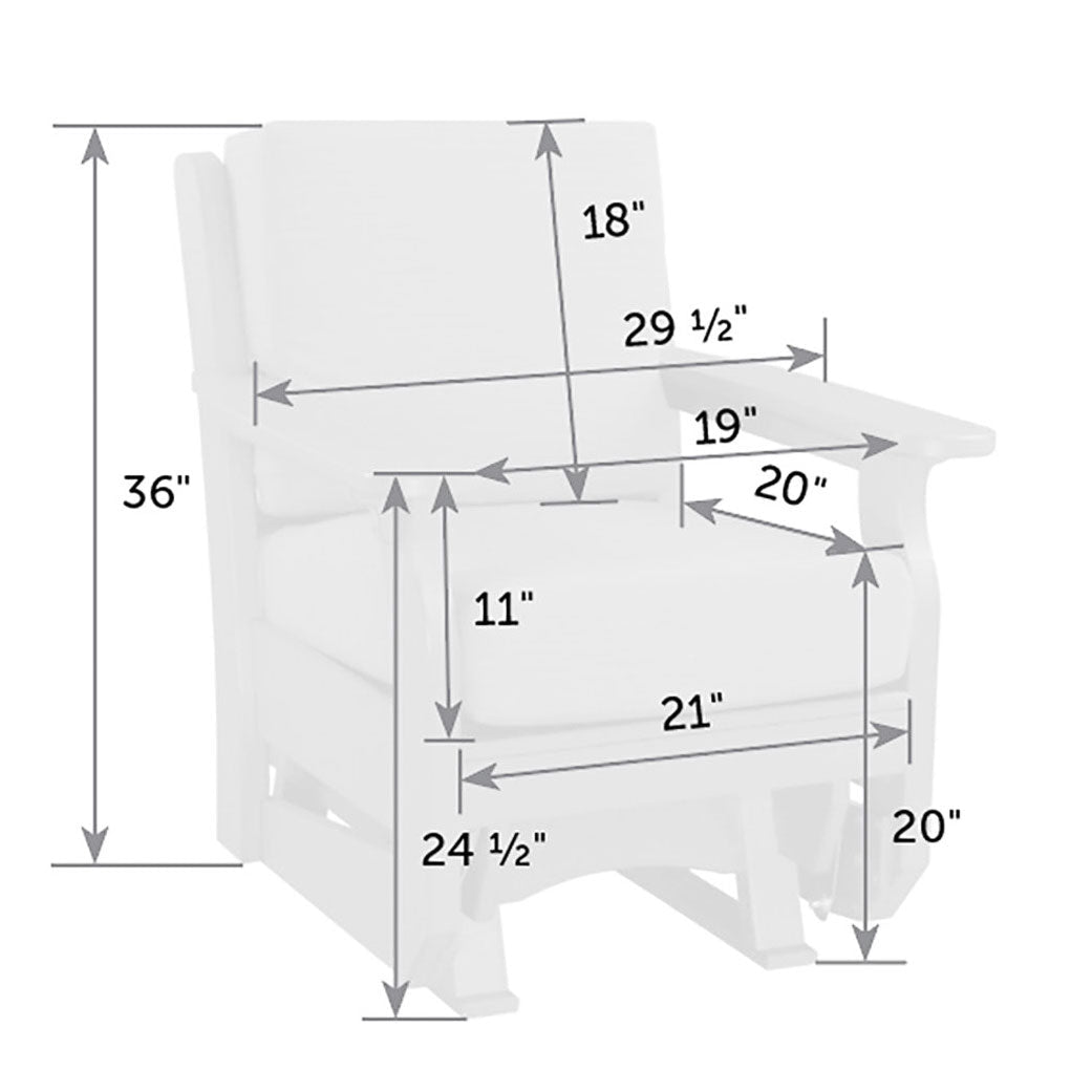 Dimension diagram of the glider chair: 29.5 inches wide, 36 inches tall, 21 inch seat width and 20 inch seat height