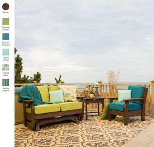 Beach deck glider set beside a fabric color legend for Brown, Dupione Peridot, Dupione Deep Sea, Canvas Glacier and Astoria Lagoon