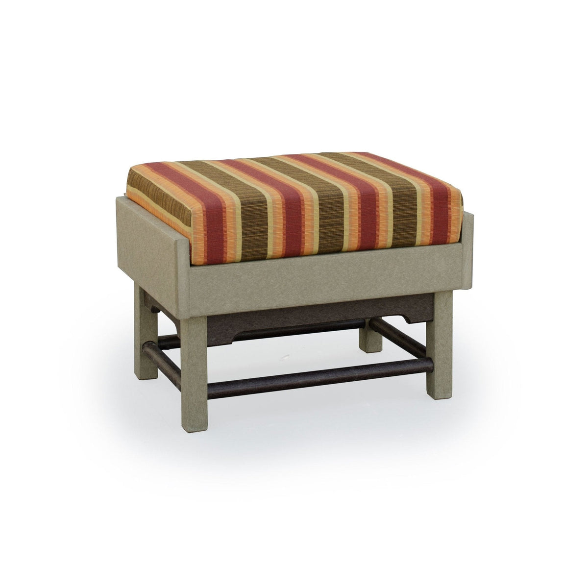 Poly patio ottoman with a red and gold striped cushion on a weatherwood base with dark metal stretcher bars