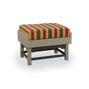 Poly patio ottoman with a red and gold striped cushion on a weatherwood base with dark metal stretcher bars