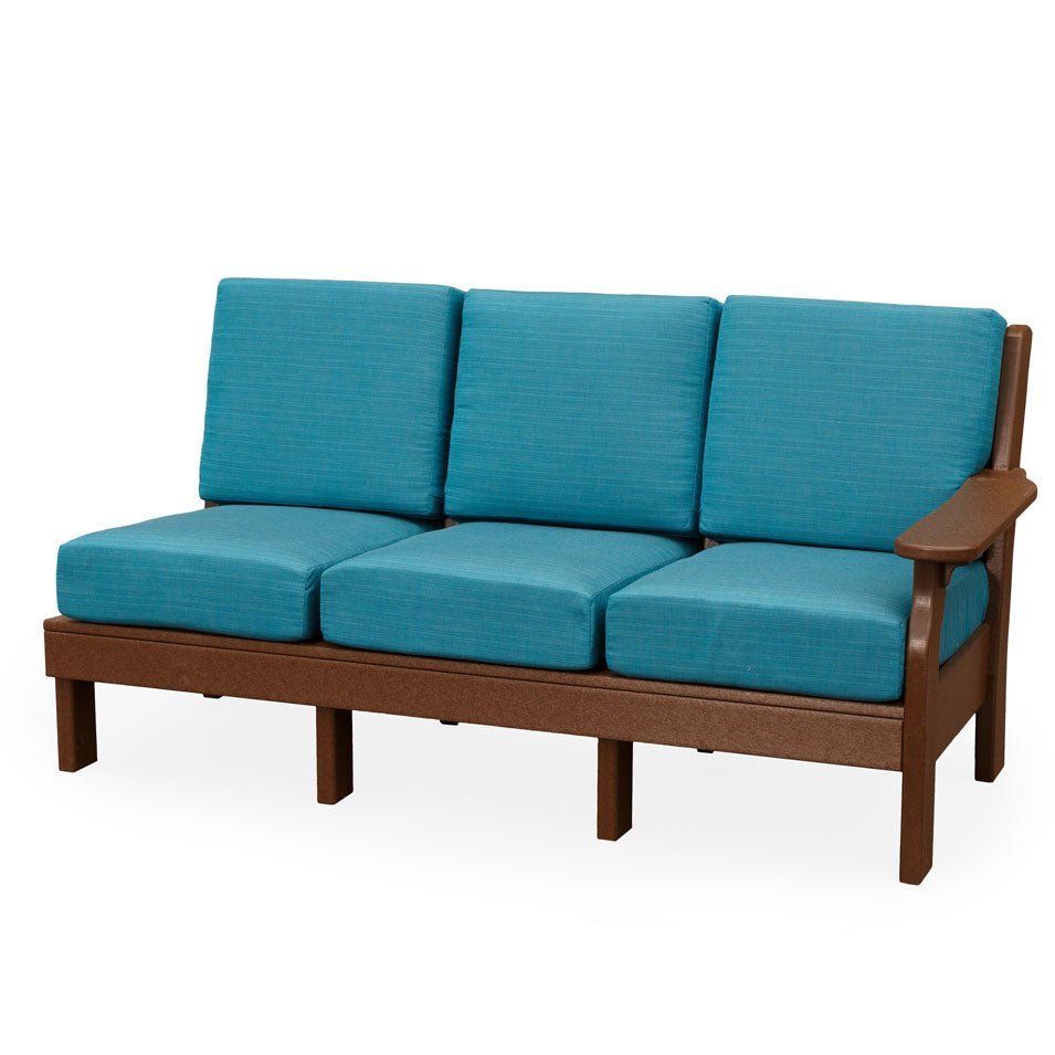 Mahogany poly right arm sofa section with three teal cushions and one wide paddle arm on a white background