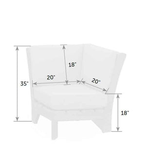 Dimension diagram of the corner section: 20 by 20 inch seat, 35 inch back height and an 18 inch seat height