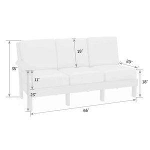 Dimension diagram of the one arm sofa: 66 inches wide, 35 inches tall, 23 inch arm height and 18 inch seat height