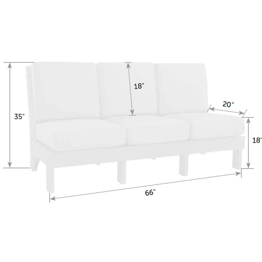 Dimension diagram of the armless sofa: 66 inches wide, 20 inch seat depth, 35 inch back height, 18 inch seat height