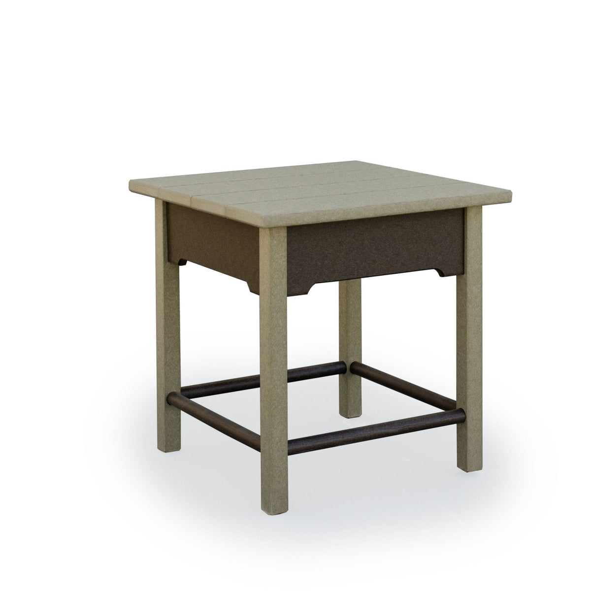 Square poly patio side table in weatherwood with a brown apron, plank top and dark metal stretcher bars on white