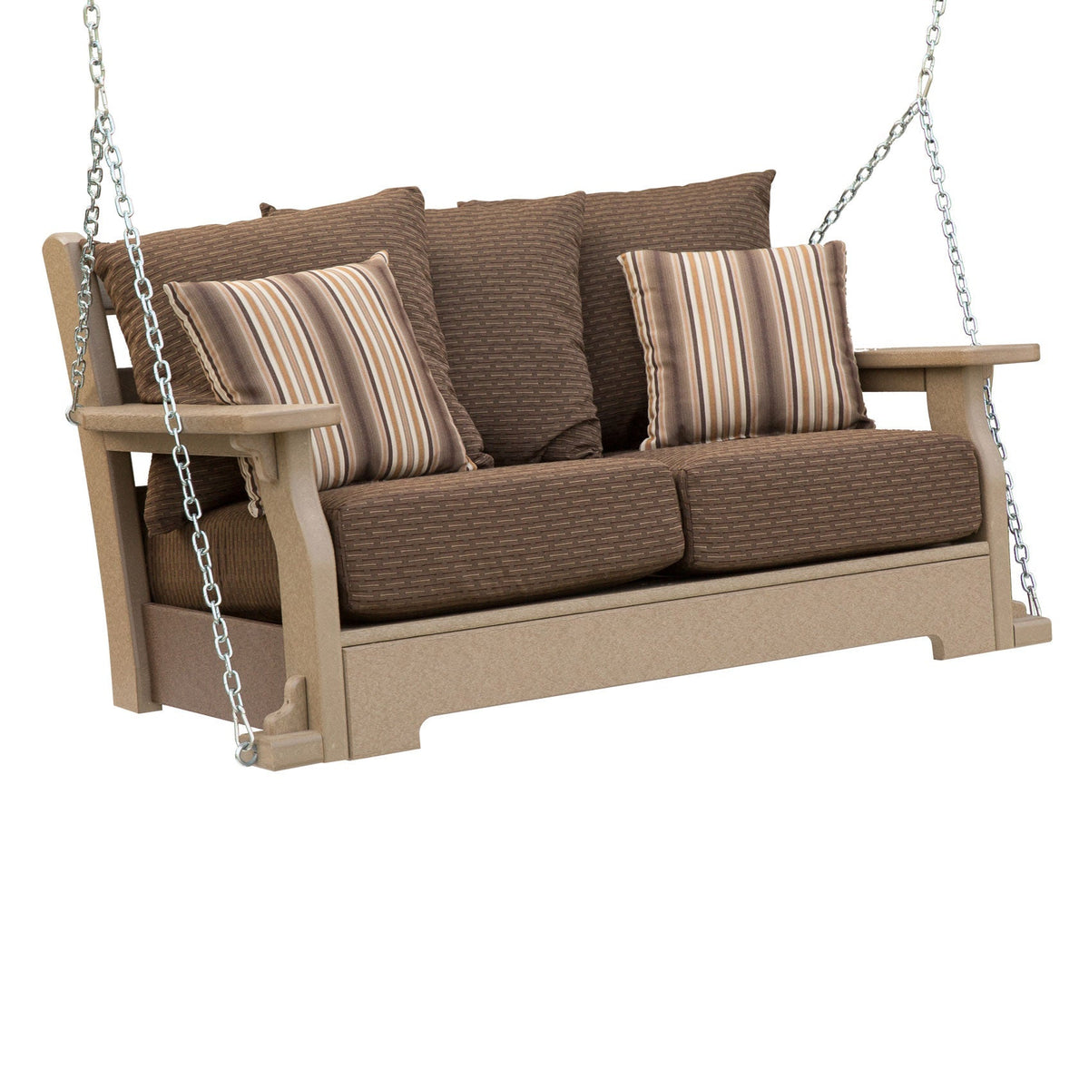 Weatherwood poly porch swing with brown tweed deep-seating cushions and striped throw pillows on hanging chains