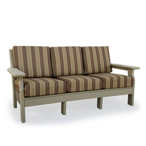 Weatherwood poly outdoor sofa with three brown and tan striped deep seating cushions and flat wide arms on white