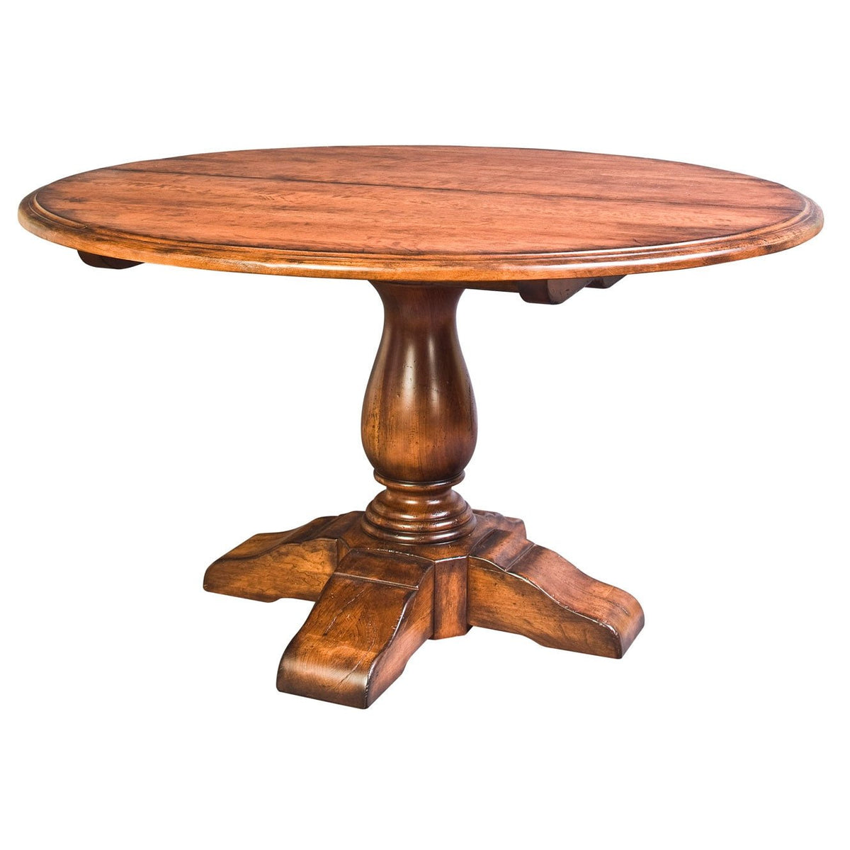 Rustic cherry round pedestal table with a plank top, turned vase pedestal and four shaped scrolled feet